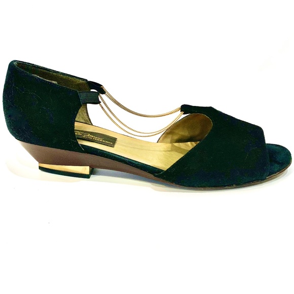 Sesto Meucci Vintage Black Suede Ballet Flats Gold Chain Gold Metal Heel D’orsay - Picture 6 of 15
